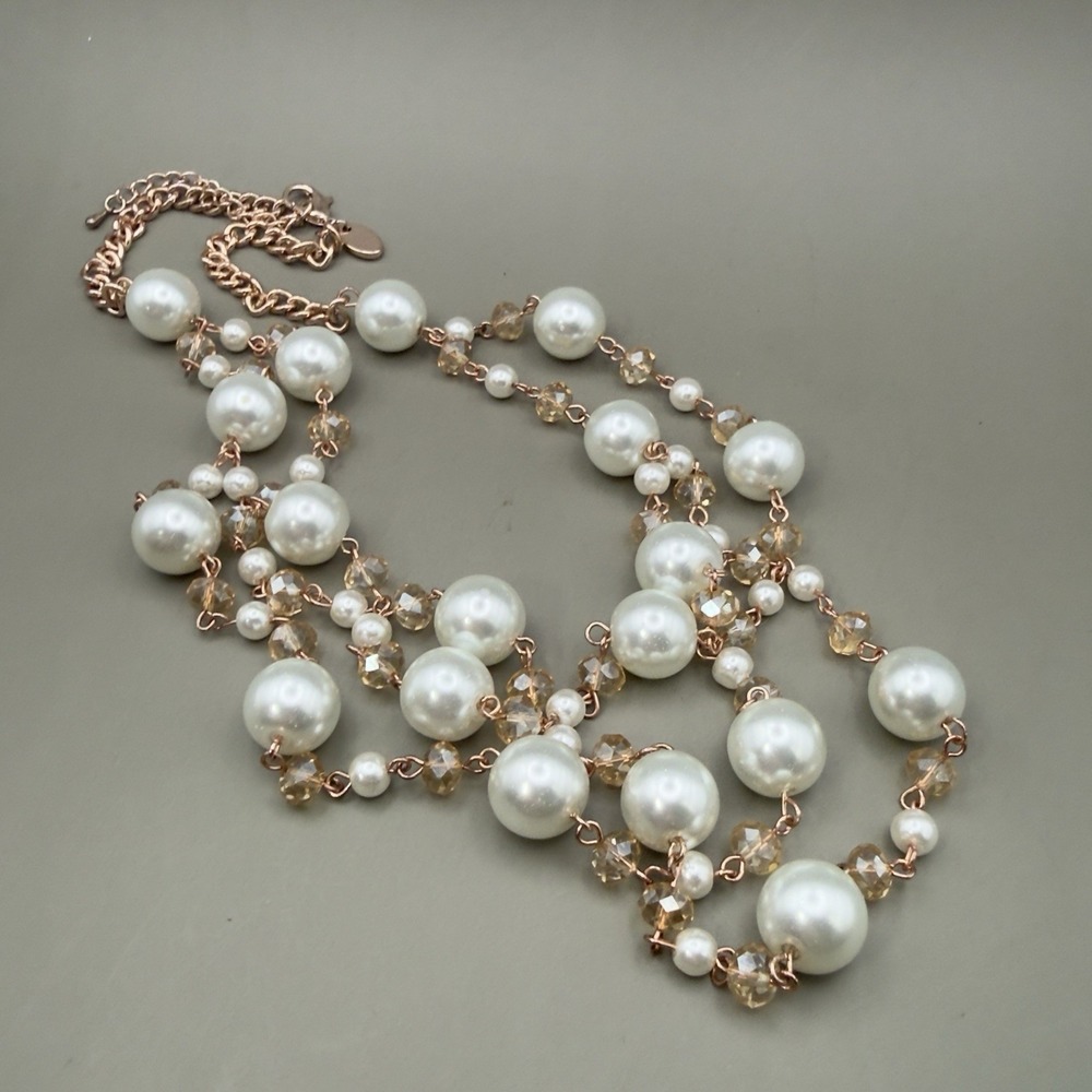 Layered Faux Pearl Crystal Necklace Rose Gold Tone Multi Strand Beads